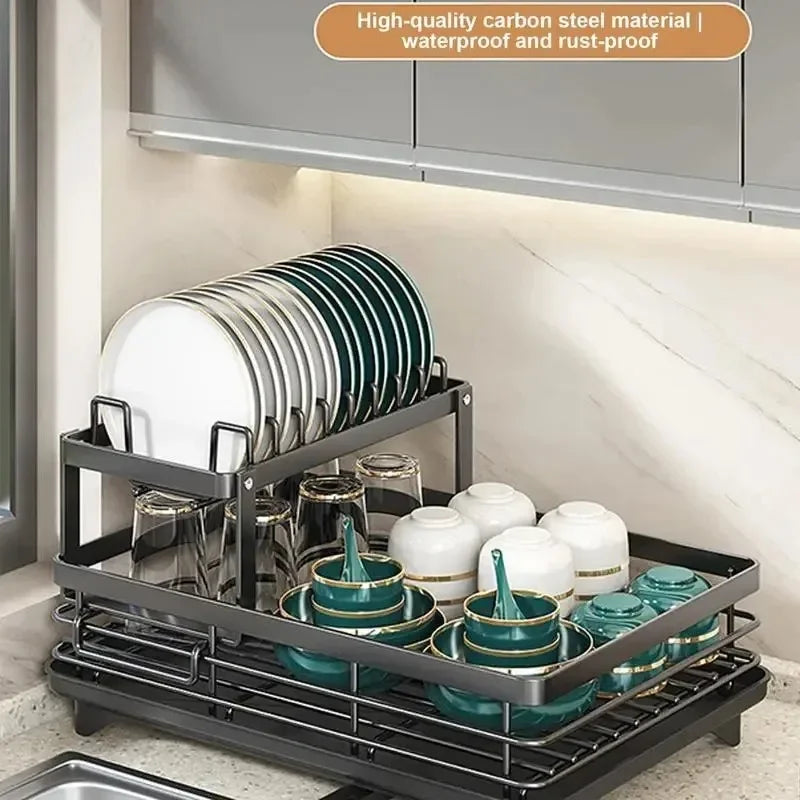 Adjustable Over-Sink Dish Drying Rack – Kitchen Drainboard Organizer for Plates & Cutlery Storage Finished in Black or White