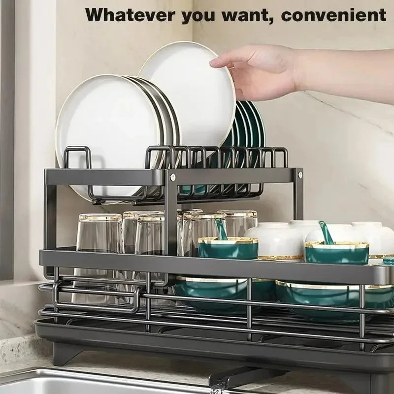Adjustable Over-Sink Dish Drying Rack – Kitchen Drainboard Organizer for Plates & Cutlery Storage Finished in Black or White