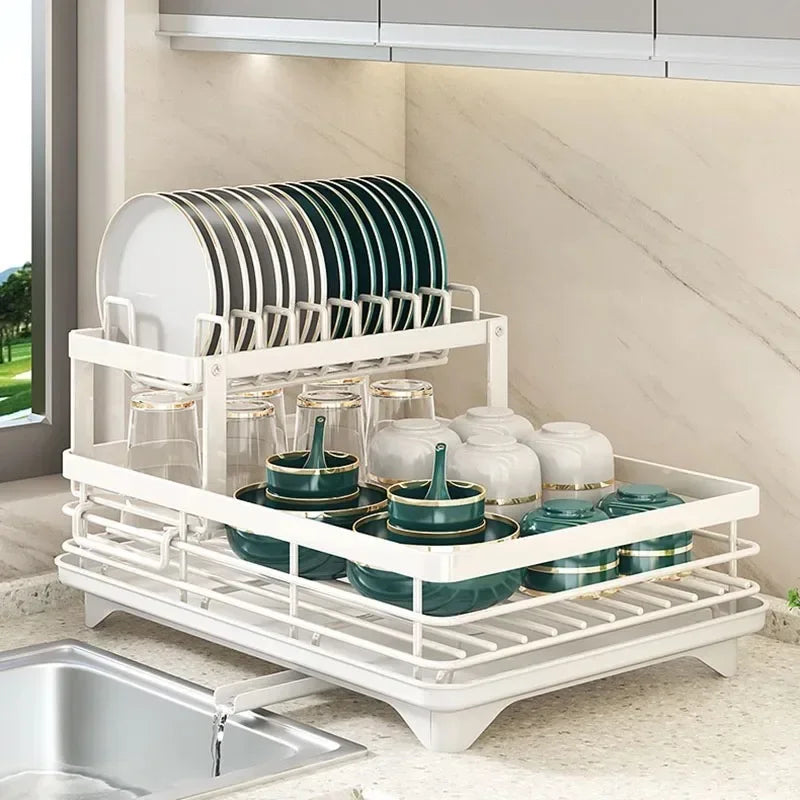 Adjustable Over-Sink Dish Drying Rack – Kitchen Drainboard Organizer for Plates & Cutlery Storage Finished in Black or White