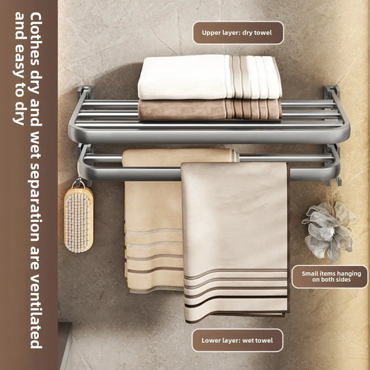 Gunmetal Gray Matte Black Folding Towel Rack 50/60CM - Dual Tier Wall Mounted Aluminum Towel Holder Clothes Storage Shelf Modern Bathroom Aesthetics 2026 001