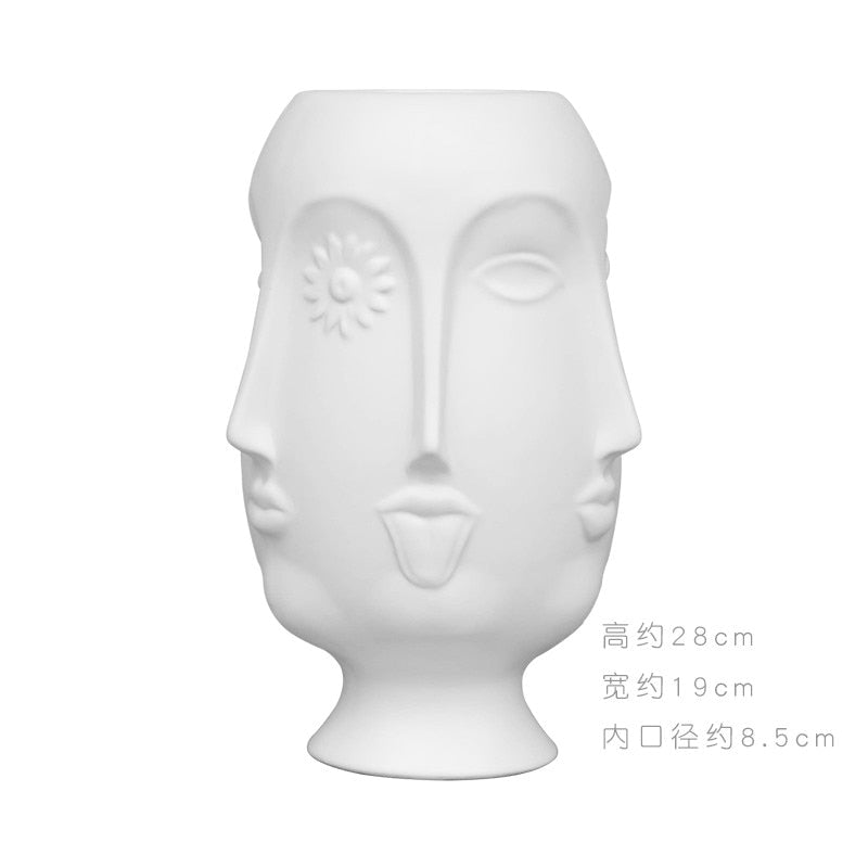 Nordic Creative White Ceramic Face Vase - Decorative Minimalist Tabletop Coffee Table Vase for Green Leaves & Simple Flowers