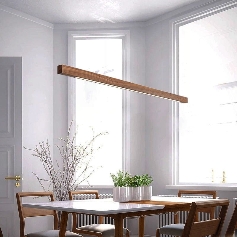 Modern Solid Wood Beam LED Pendant Light Fixture Sleek Minimalist Linear Lighting For Dining Room Table Kitchen Island Centrepiece Lighting