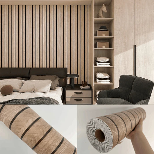 Modern bedroom with striped wallpaper, shelves, and a roll of wallpaper.