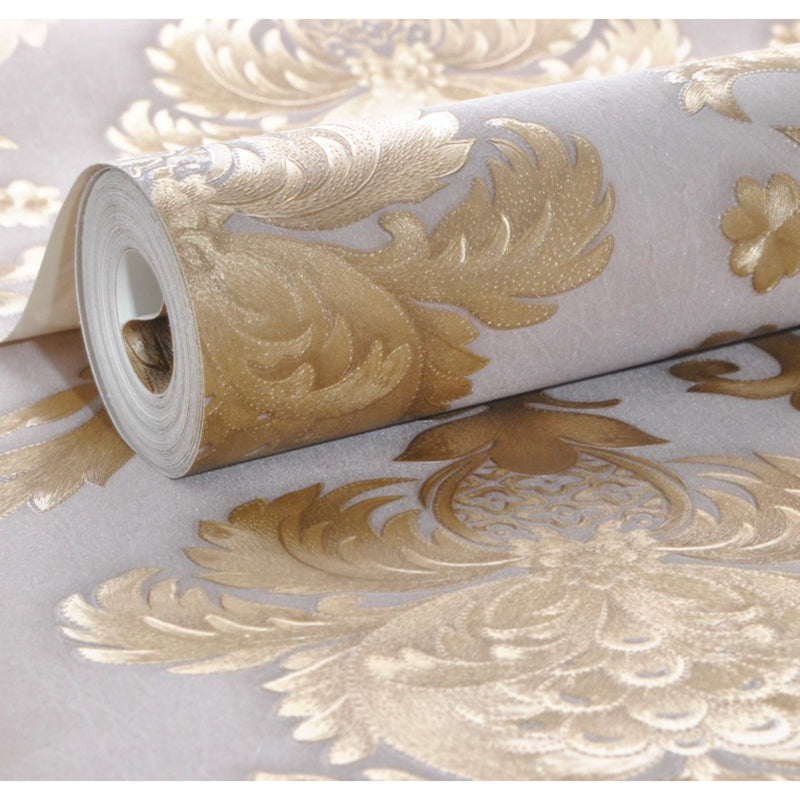 Luxury Gold Damask Wallpaper Textured Embossed Vinyl Wall Covering Classic Home Decor Beige-Grey Background & Gold Motif