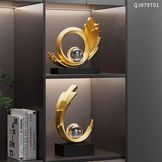 Luxury Auspicious Abstract Gold Winged Figurine Sculpture – Modern Curved Metal Ornament with Crystal Sphere on Black Base | Contemporary Home & Office Desk Décor Accessory | Elegant Artistic Decoration Piece for Living Room, Study or Bookcase