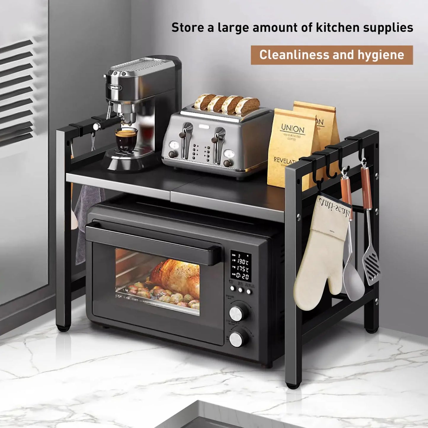 Microwave Storage Racking – Adjustable Expandable Carbon Steel Shelving Rack for Effective Kitchen Countertop / Worktop Space Management