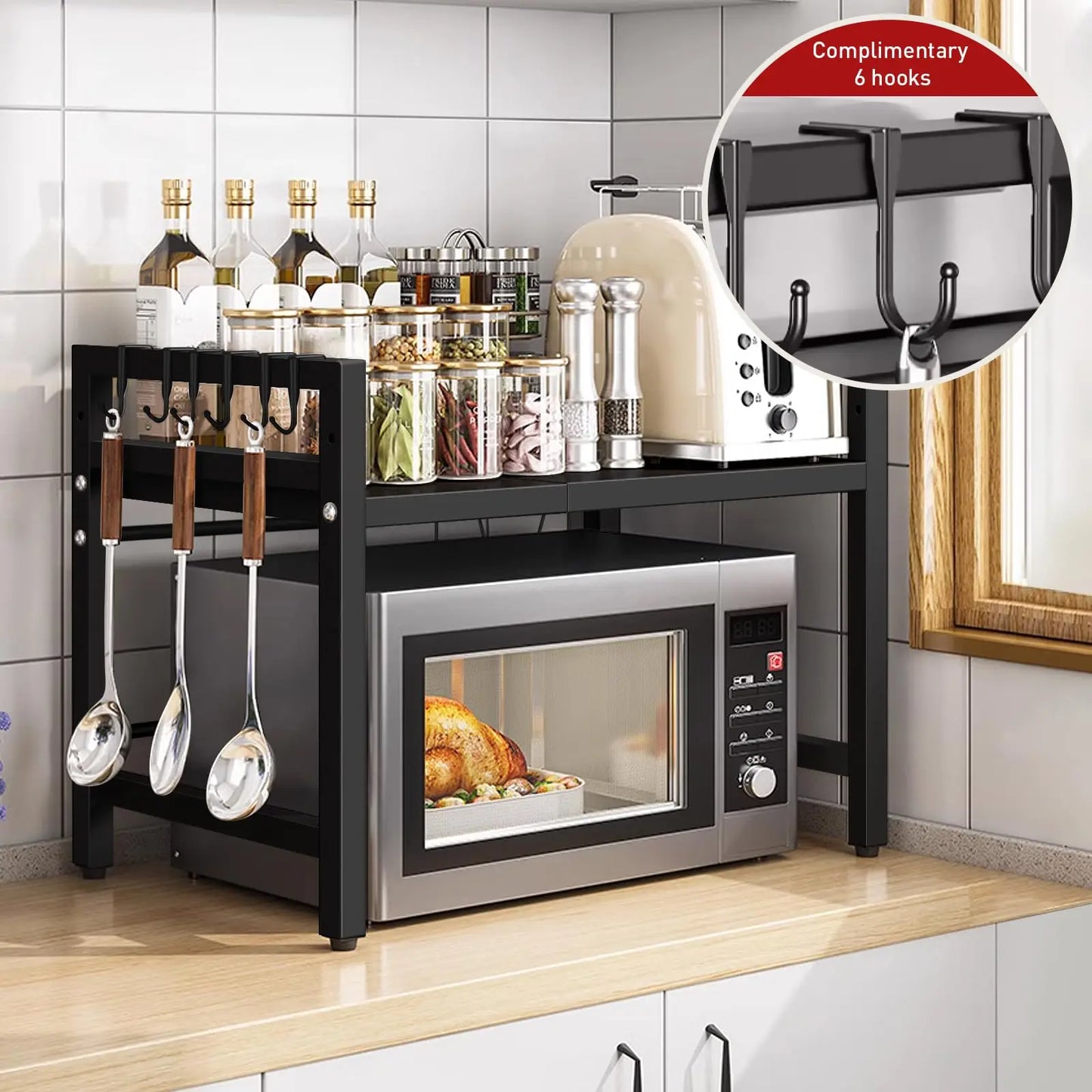 Microwave Storage Racking – Adjustable Expandable Carbon Steel Shelving Rack for Effective Kitchen Countertop / Worktop Space Management