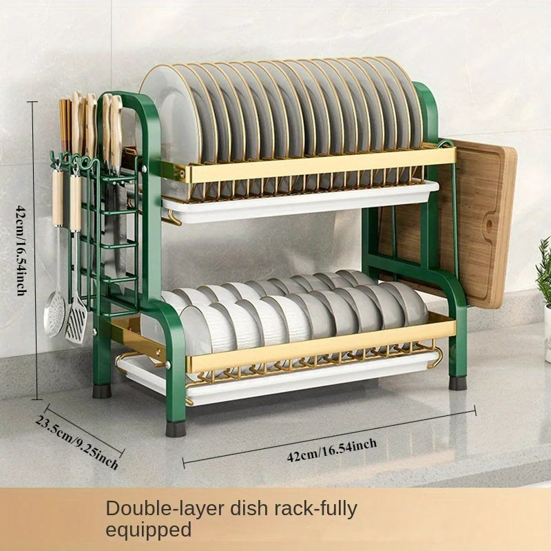 Modern Compact Kitchen Dish Rack – Rustproof Countertop Organizer Drainage Rack with Cutlery Tray