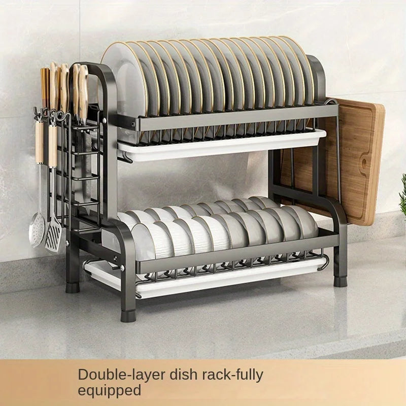 Modern Compact Kitchen Dish Rack – Rustproof Countertop Organizer Drainage Rack with Cutlery Tray