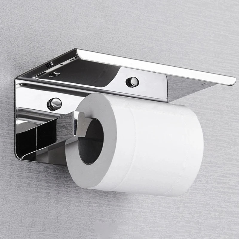 Modern Toilet Paper Dispenser With Shelf – Finished In Matte Black / Silver Stainless Steel Designer Bathroom Accessory with Tissue Roll Holder