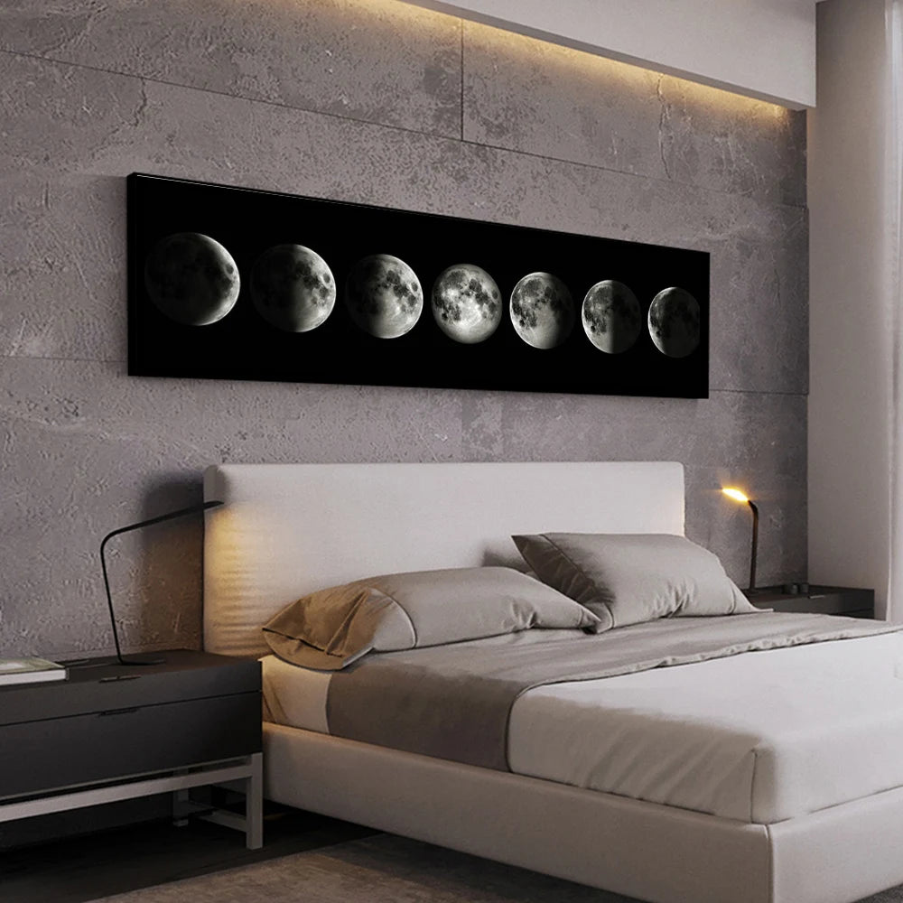 Moon Phases Black White Wall Art Fine Art Canvas Print Wide Format Picture For Bedroom Above The Bed Art For Above The Sofa