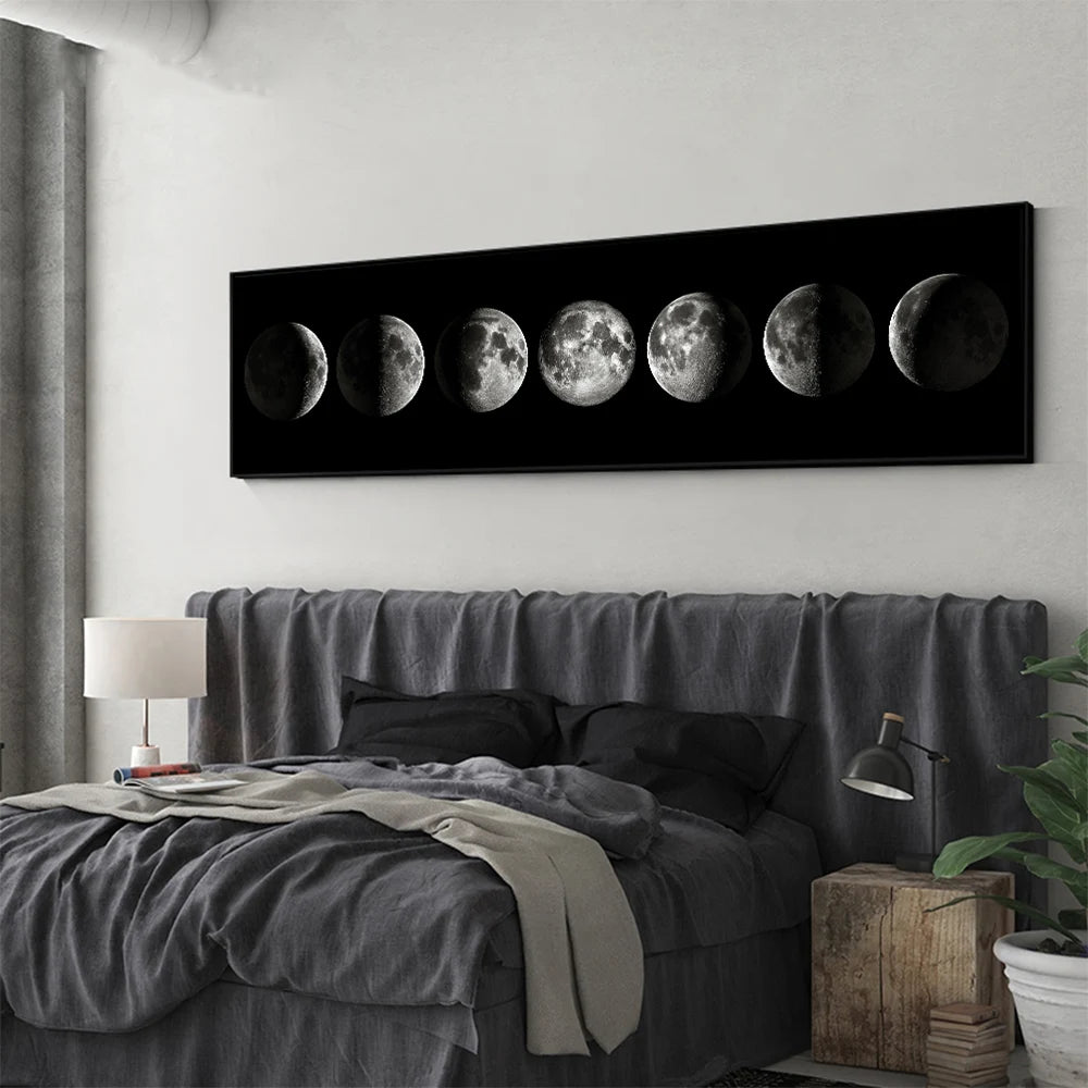 Moon Phases Black White Wall Art Fine Art Canvas Print Wide Format Picture For Bedroom Above The Bed Art For Above The Sofa