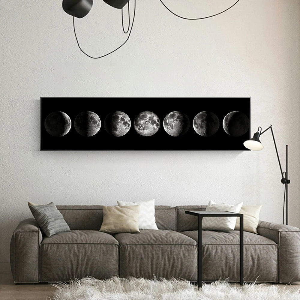 Moon Phases Black White Wall Art Fine Art Canvas Print Wide Format Picture For Bedroom Above The Bed Art For Above The Sofa