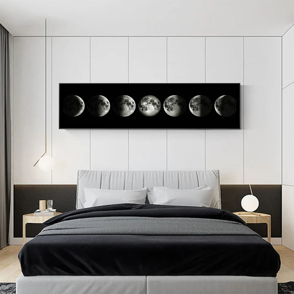 Moon Phases Black White Wall Art Fine Art Canvas Print Wide Format Picture For Bedroom Above The Bed Art For Above The Sofa