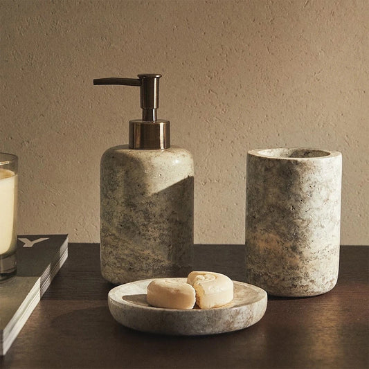 Natural Grey Marble Travertine Bathroom Accessories Set - Solid Stone Soap Dispenser, Toothbrush Holder & Soap Dish For Contemporary Bathrooms and Washrooms