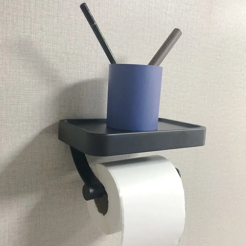 No-Drill Grey Toilet Paper Holder with iPhone Storage Shelf – Wall-Mounted Aluminum Bathroom Organizer Loo Roll Dispenser