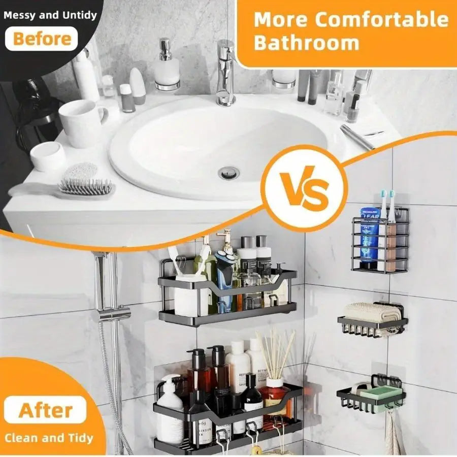 No-Drill Shower Organizer Shelving Sets of 3/5 – Sleek Stainless Steel Caddies for Bathroom Cosmetics Shower Accessories