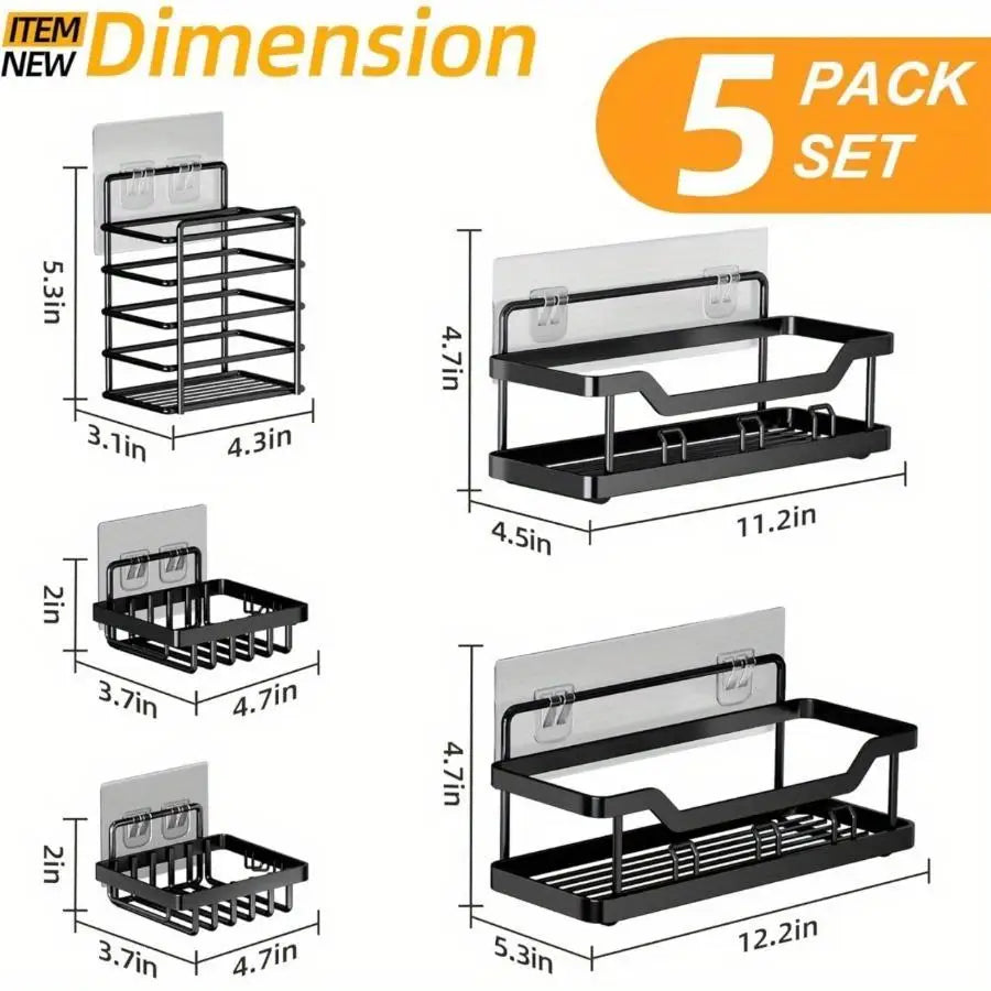 No-Drill Shower Organizer Shelving Sets of 3/5 – Sleek Stainless Steel Caddies for Bathroom Cosmetics Shower Accessories