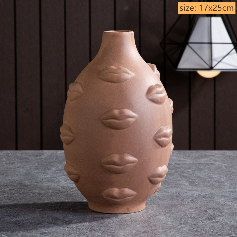 Modern Trendy Face Pot Contemporary Ceramic Human Face & Lips Flower Pot Vase For Floral Arrangements Creative Home Interior Decor