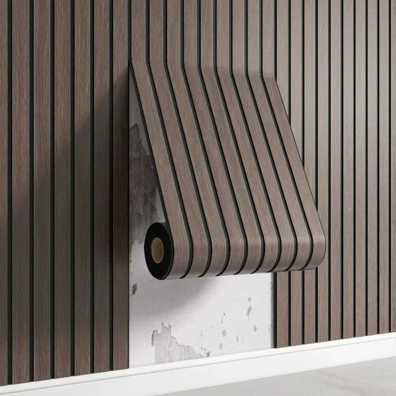 Faux Wood Slat Wallpaper – Self-Adhesive 3D Vertical Strip Wall Panels for Living Room TV Backdrop Home Office & Modern Interiors
