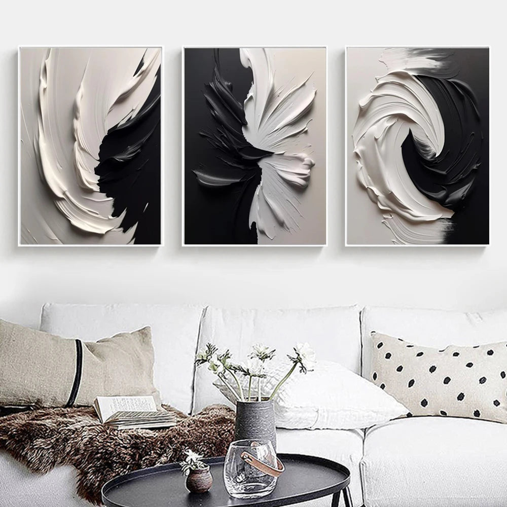 Modern Minimalist Black and White Thick Brush Design Canvas Painting: Abstract Elegance for Your Space