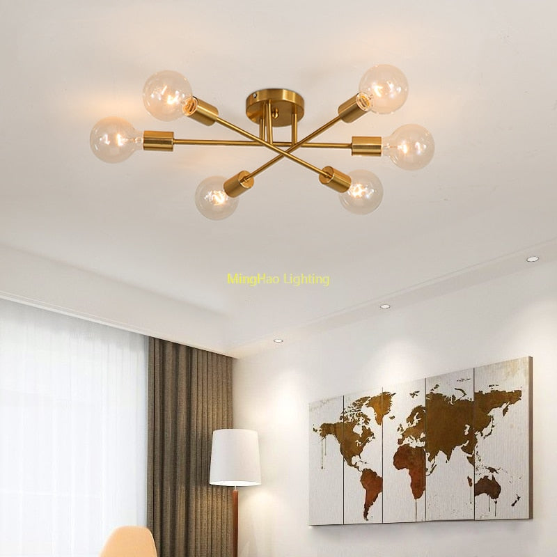 Modern Classic Starburst LED Chandelier Brushed Gold Semi-Flush Mounted Ceiling Light For Living Room Dining Room Trending Home Decor