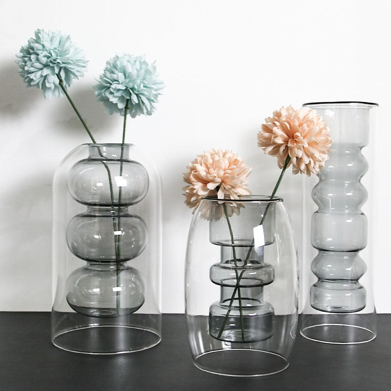 Modern Colorful Abstract Handcrafted Double-Layer Glass Vase for Hydroponic Plants and Flowers