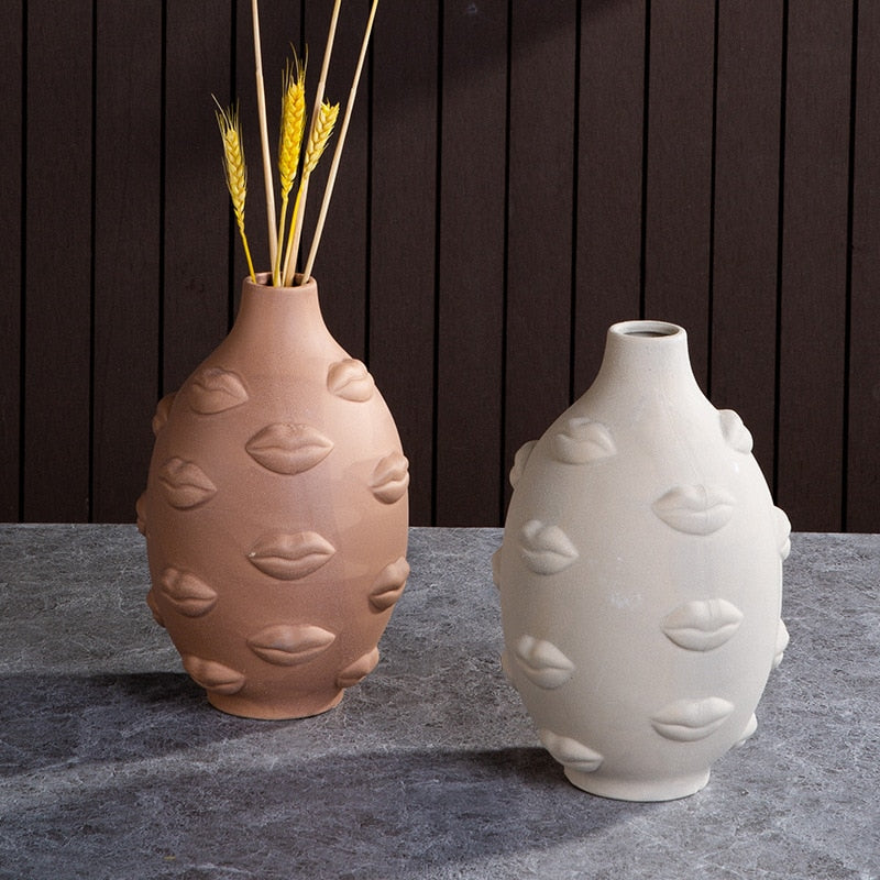 Modern Trendy Face Pot Contemporary Ceramic Human Face & Lips Flower Pot Vase For Floral Arrangements Creative Home Interior Decor