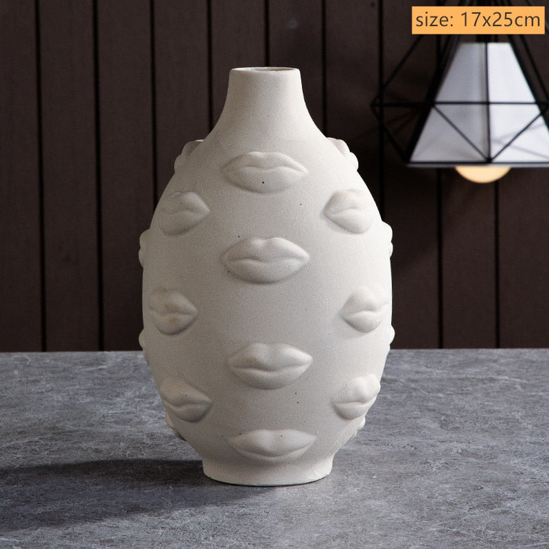 Modern Trendy Face Pot Contemporary Ceramic Human Face & Lips Flower Pot Vase For Floral Arrangements Creative Home Interior Decor