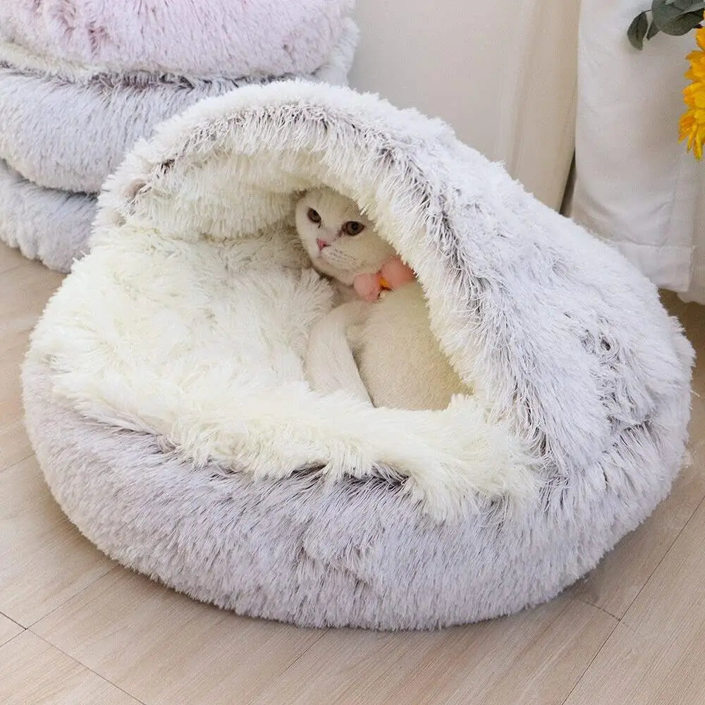 Soft Plush Pet Bed with Cover: A Cozy 2-in-1 Sleeping Nest Cave for Small Dogs and Cats