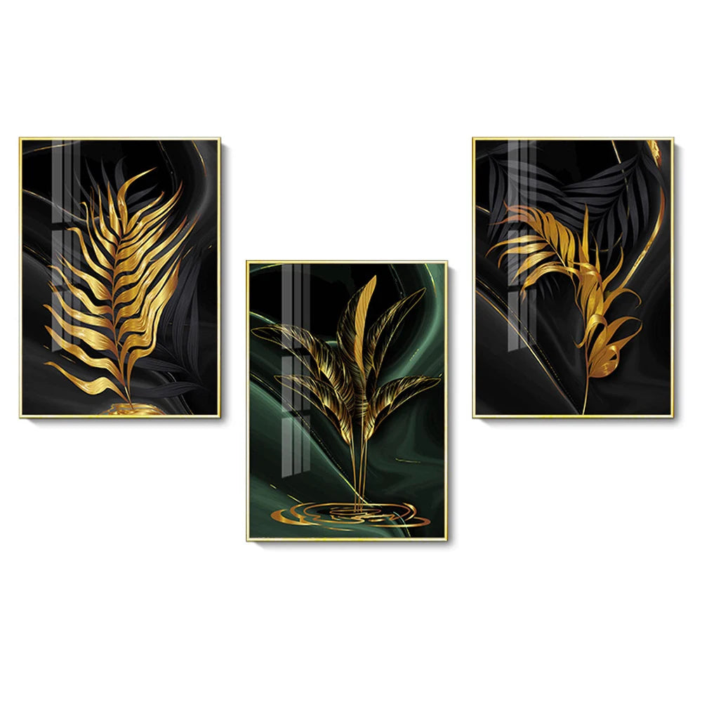 Modern Abstract Gold Green Black Leaf 3-Piece Canvas Painting: A Luxurious Tropical Accent