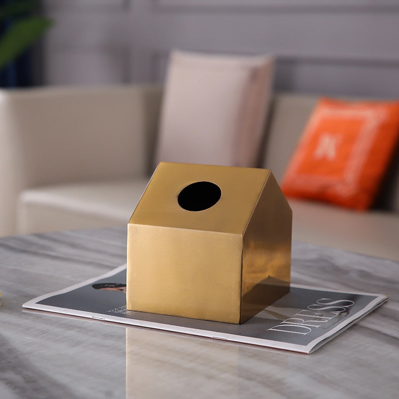 Light Luxury Golden Brass Crafted Tissue Box Modern Geometric Square Housing For Tissues Napkins Etc Living Room Dining Room Decor