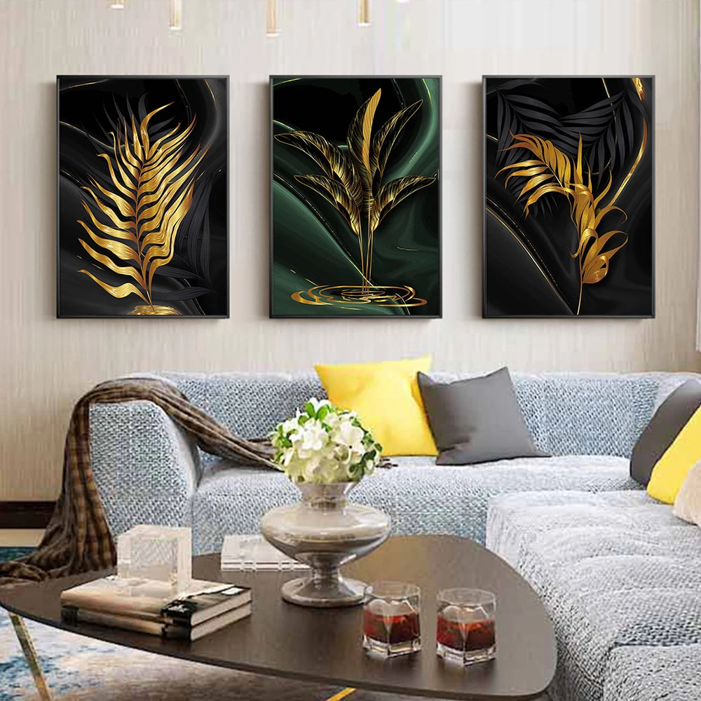 Modern Abstract Gold Green Black Leaf 3-Piece Canvas Painting: A Luxurious Tropical Accent