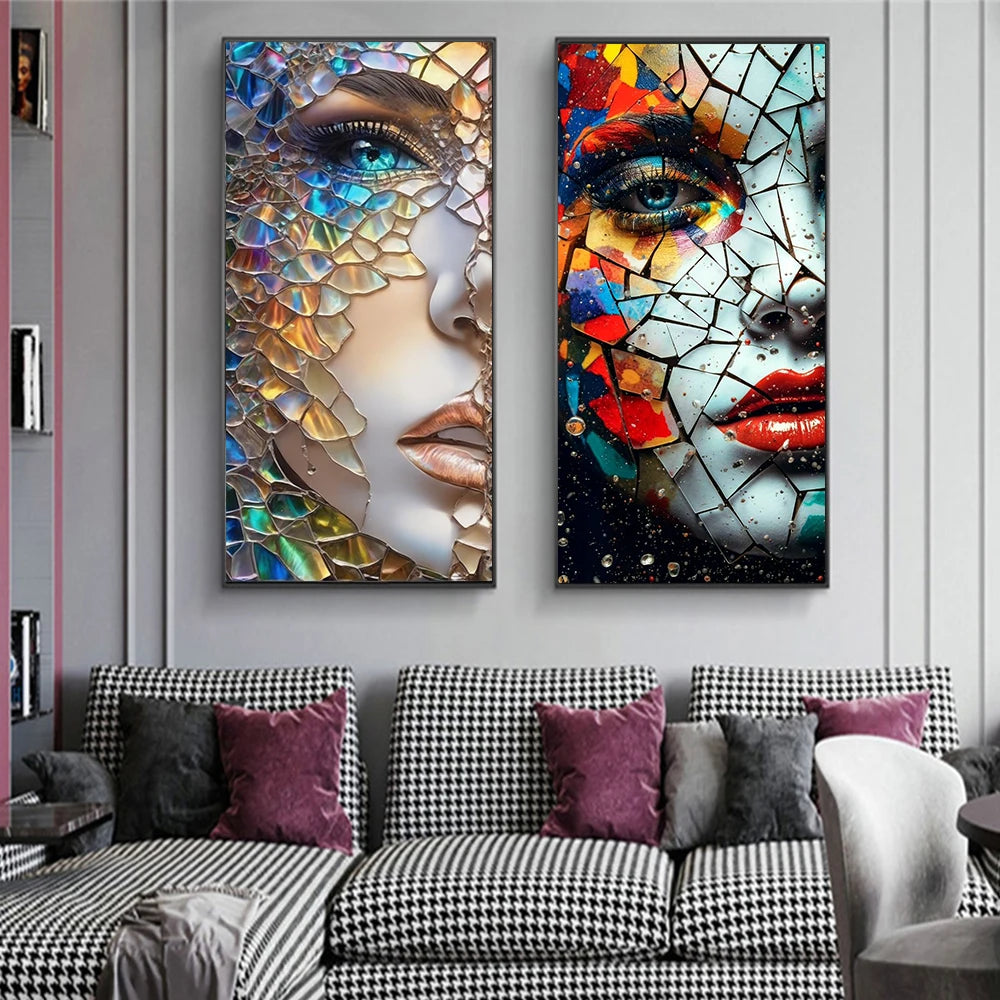 Abstract Colorful Broken Woman Face Portrait Posters: Modern Aesthetic Canvas Print Wall Art for Your Walls