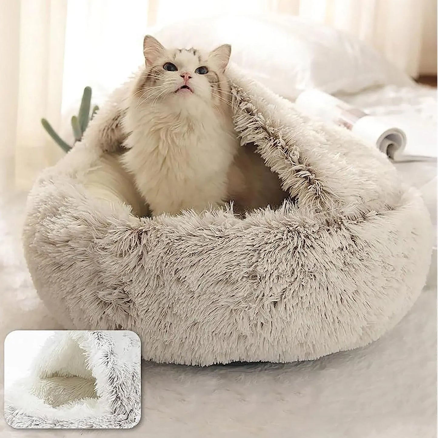 Soft Plush Pet Bed with Cover: A Cozy 2-in-1 Sleeping Nest Cave for Small Dogs and Cats
