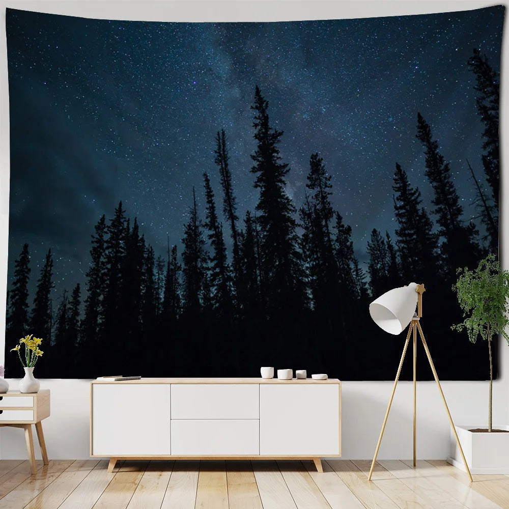 Starry Night Sky Wilderness Forest Backdrop Tapestry Wall Decoration Inspirational Mountain Forest Landscape Hanging Tapestry Creative Artistic Home Decor
