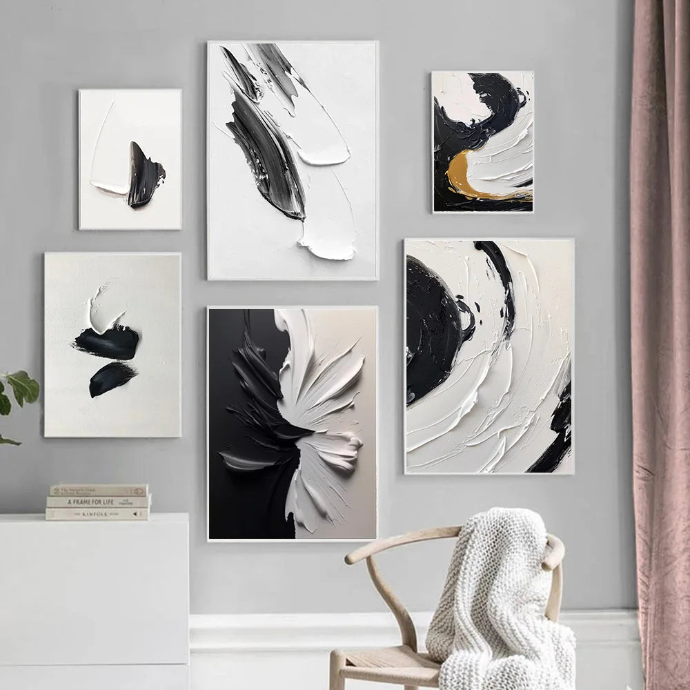 Modern Minimalist Black and White Thick Brush Design Canvas Painting: Abstract Elegance for Your Space