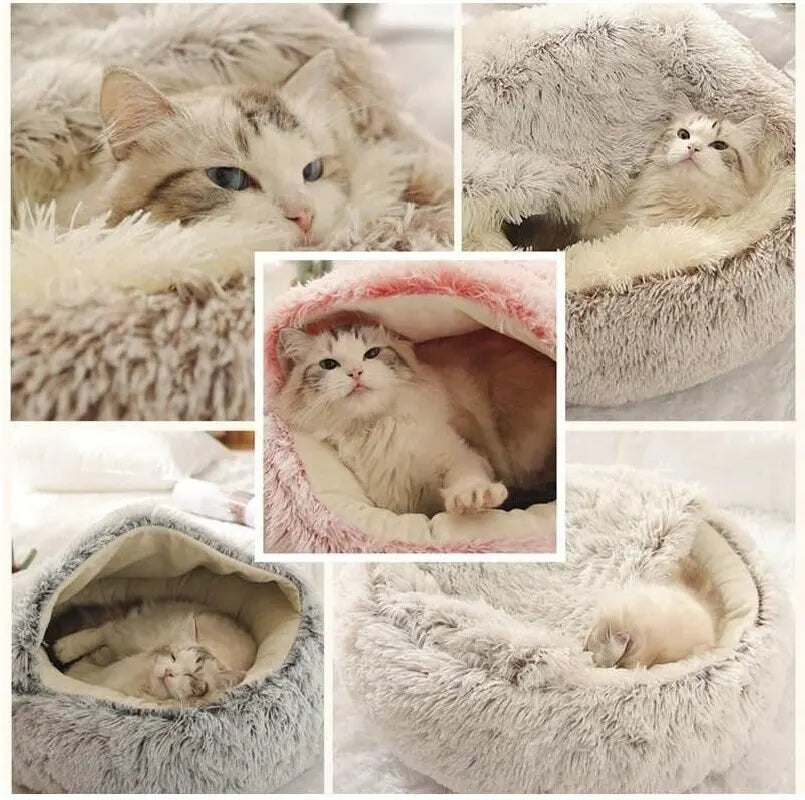 Soft Plush Pet Bed with Cover: A Cozy 2-in-1 Sleeping Nest Cave for Small Dogs and Cats