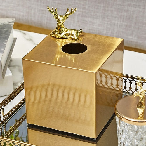 Light Luxury Golden Brass Crafted Tissue Box Modern Geometric Square Housing For Tissues Napkins Etc Living Room Dining Room Decor