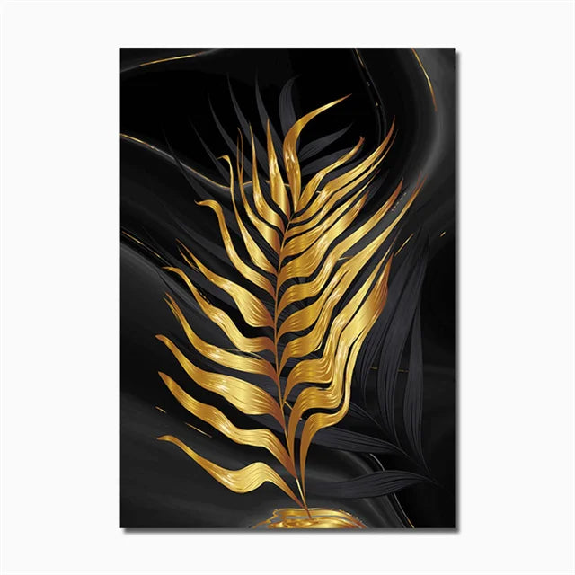 Modern Abstract Gold Green Black Leaf 3-Piece Canvas Painting: A Luxurious Tropical Accent