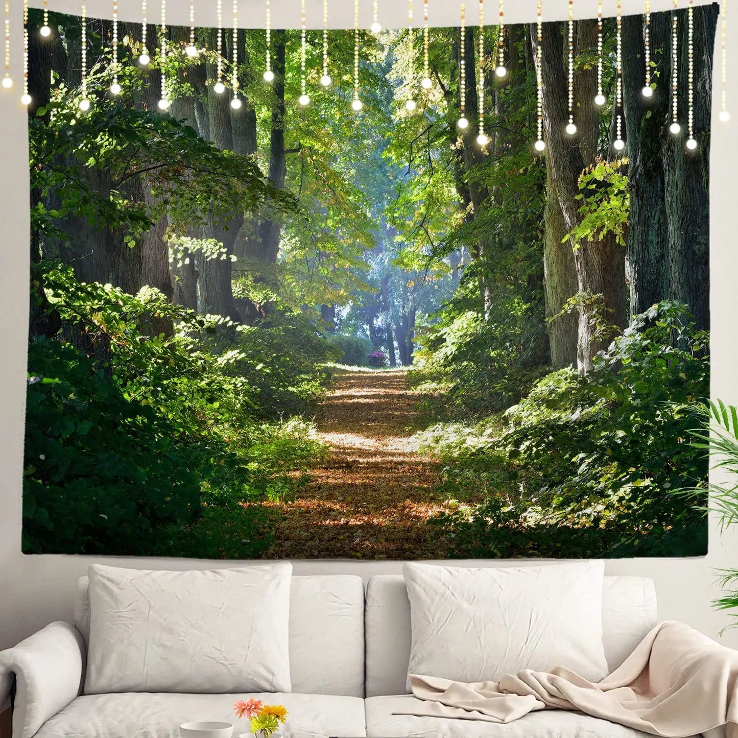 Misty Morning Forest Tapestry Landscape Wall Decoration Inspirational Home Decor for Living Room Bedroom Dorm Nature Green Fresh Woodland