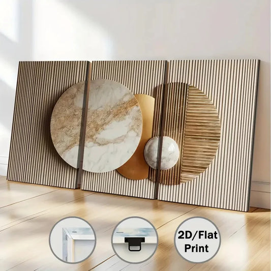 Set of 3Pcs Luxury Geometric Marble Gold Wall Art Modern Vertical Framed Canvas Prints for Contemporary Neutral Living Room Décor Abstract Circle Design Panels Elegant Minimalist Home Styling Artwork