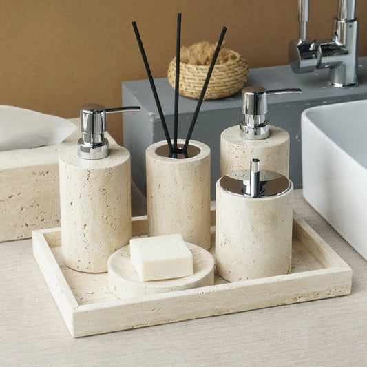 Solid Travertine Marble Bathroom Accessories – Natural Beige Stone Soap Dispenser, Tissue Box, Toilet Brush Holder, Soap Dish, Reed Diffuser & Vanity Tray
