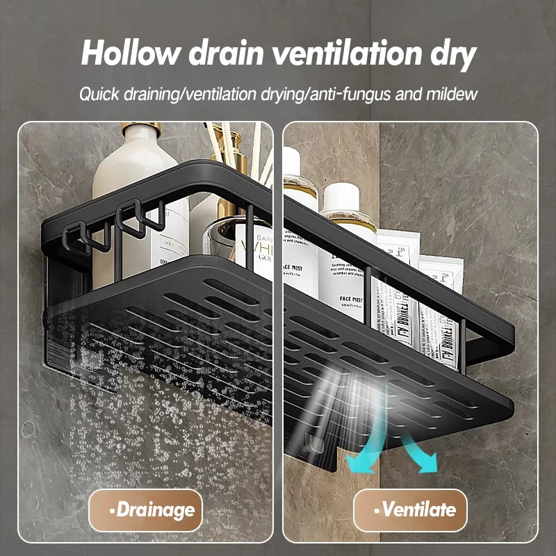 Stainless Steel Bathroom Storage Rack – Wall-Mounted, Anti-Rust Shower Organizer with No-Drill Adhesive Installation