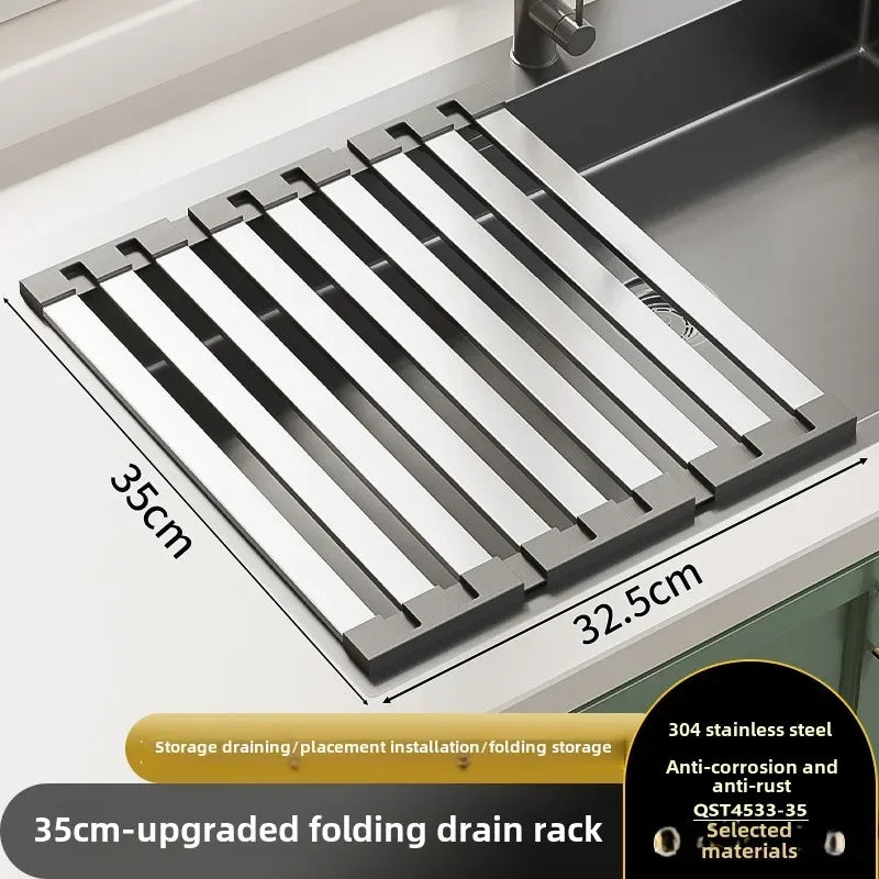 StreamLine Dish Rack – Folding Retractable Sink Rack Grade 304 Stainless Steel Kitchen Drainage Rack Worktop Organizer for Clean Countertop