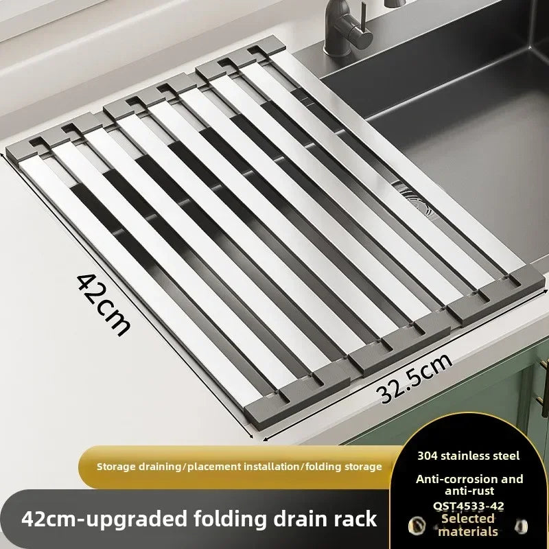 StreamLine Dish Rack – Folding Retractable Sink Rack Grade 304 Stainless Steel Kitchen Drainage Rack Worktop Organizer for Clean Countertop