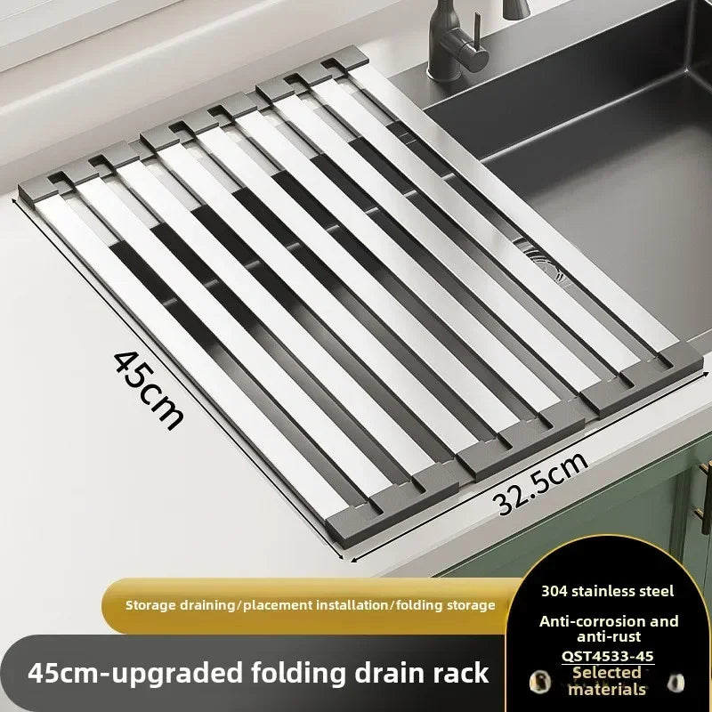 StreamLine Dish Rack – Folding Retractable Sink Rack Grade 304 Stainless Steel Kitchen Drainage Rack Worktop Organizer for Clean Countertop