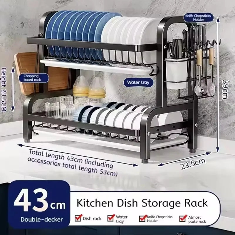 Two-Tier Compact Dish Drying Rack with Draining Board and Utensil Holder Rust-Proof Kitchen Dish Drainer For Narrow Spaces