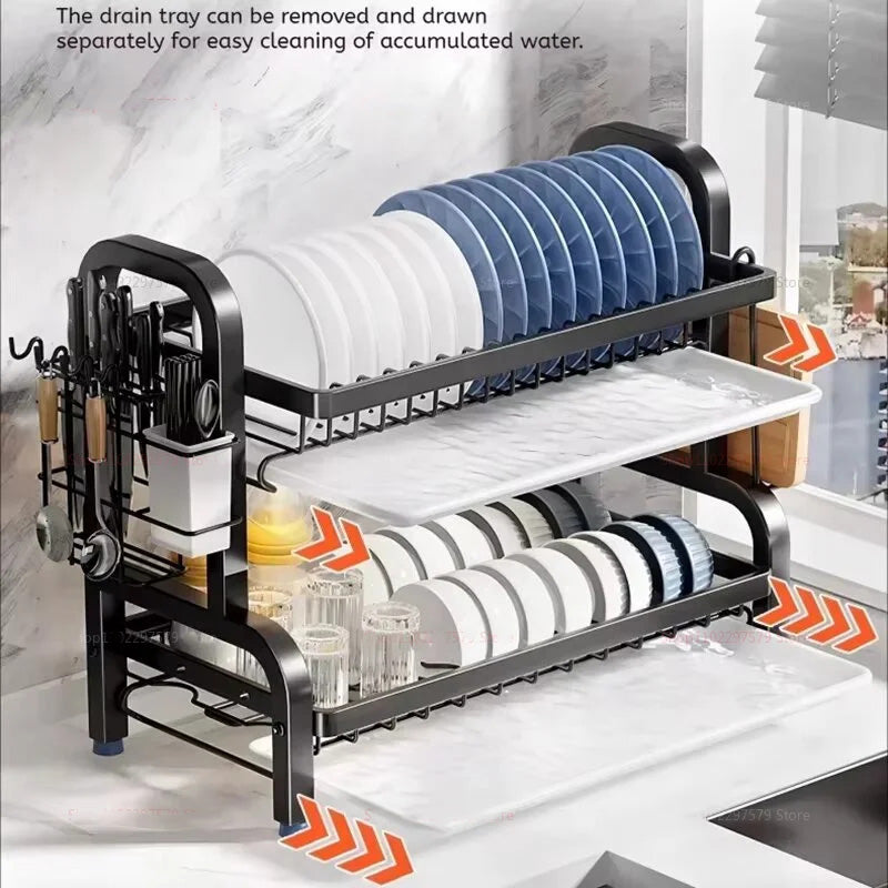 Two-Tier Compact Dish Drying Rack with Draining Board and Utensil Holder Rust-Proof Kitchen Dish Drainer For Narrow Spaces
