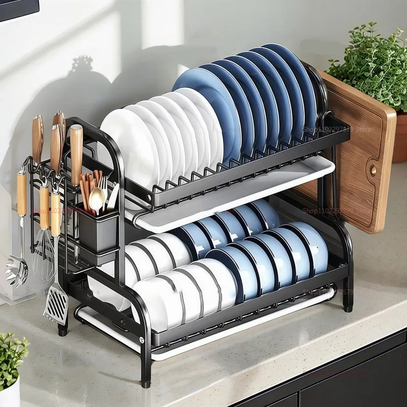 Two-Tier Compact Dish Drying Rack with Draining Board and Utensil Holder Rust-Proof Kitchen Dish Drainer For Narrow Spaces